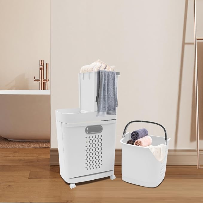 2-Tier Rolling Laundry Basket, Space-Saving Removable Clothes Hamper Organizer - Image 5