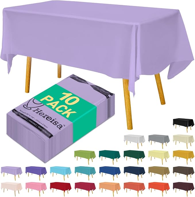 Disposable Lavender Plastic Tablecloth 54x108 Inch, 10-Count Waterproof by Hereisa