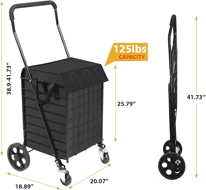 Foldable Shopping Cart with Waterproof Basket Liner & 360° Swivel Wheels | - Image 4