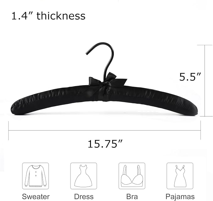Black Satin Padded Sweater Hangers 5 Pack, Blouse Hanger - Image 2