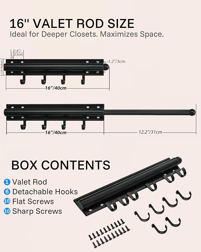 16 inch Valet Rod for Deeper Closet Pull Out, Closet Valet Rod Slide Out Pull - Image 2