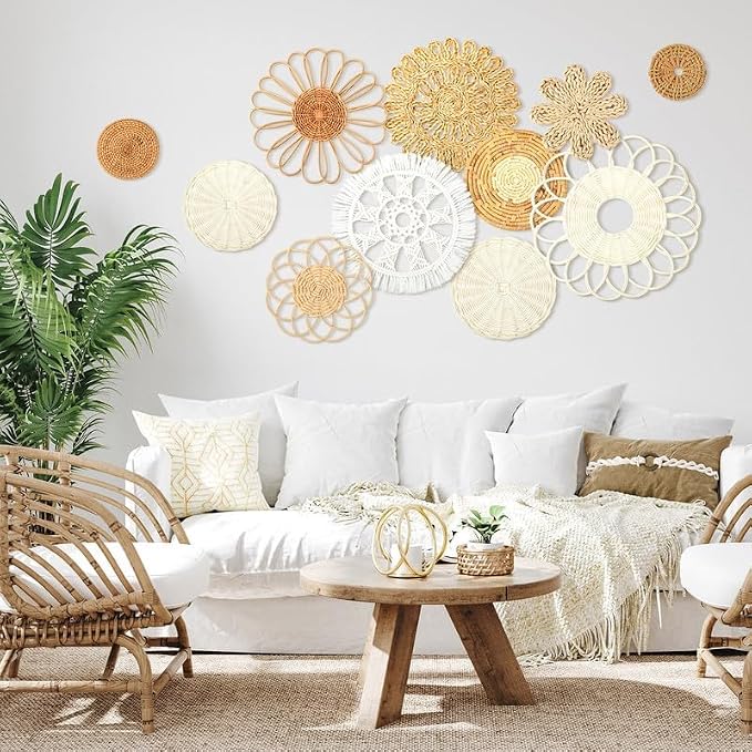 Tatuo 11 Pcs Boho Wall Basket Decor Decorative Bulrush Woven Basket Wall Decor - Image 6