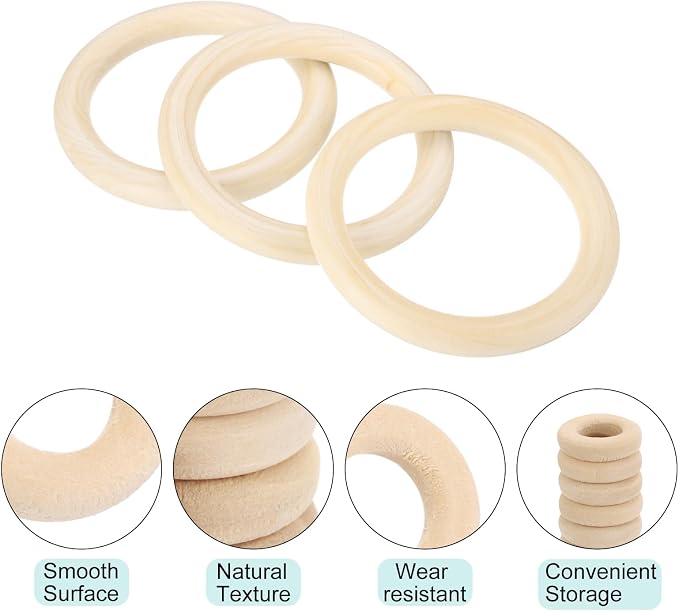 MECCANIXITY 6pcs 4.9" Unfinished Wooden Rings Smooth Natural Wood Macrame Rings - Image 3