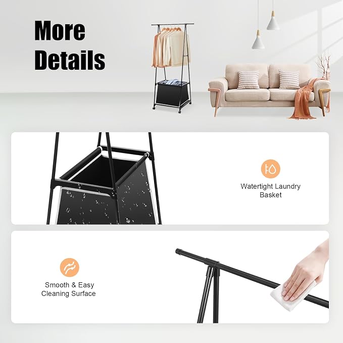 Laundry Cart with Clothes Rack Laundry Basket with Hanging Rack Clothing Rack - Image 5