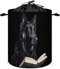 German Shepherd Wearing Headphones Reading Round Laundry Bag Collapsible by Unknown