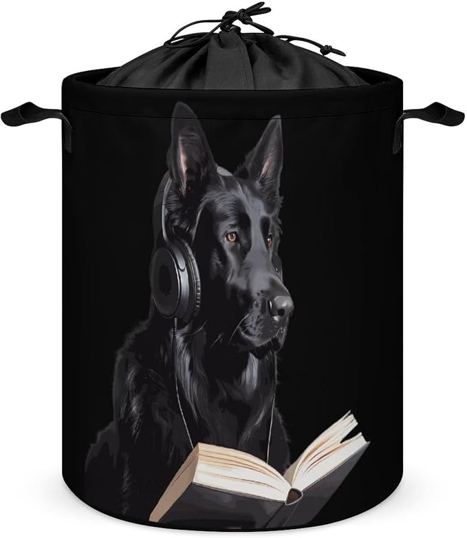 German Shepherd Wearing Headphones Reading Round Laundry Bag Collapsible by Unknown