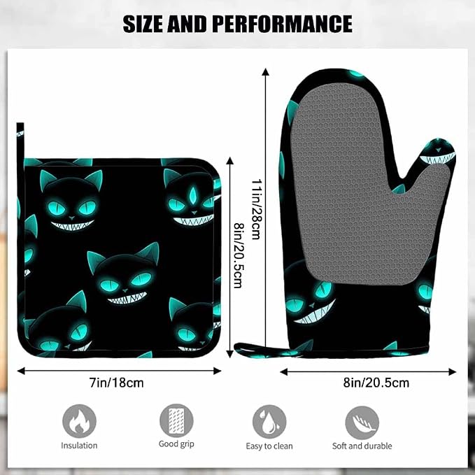 Mxocom Cat Face Oven Mitts and Pot Holders Sets Halloween Background Silicone - Image 3
