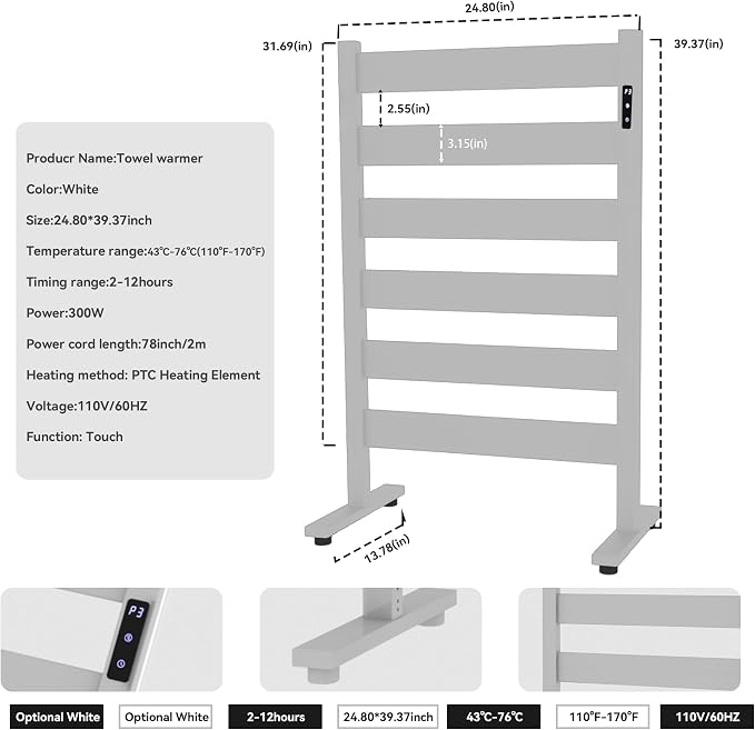 Heated Towel Rack – Rapid PTC Heating, LED Timer Control, Automatic Shut-Off - Image 3
