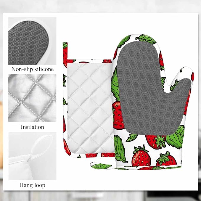 Mxocom Strawberry Pattern Silicone Oven Mitts and Pot Holders Sets Red - Image 6