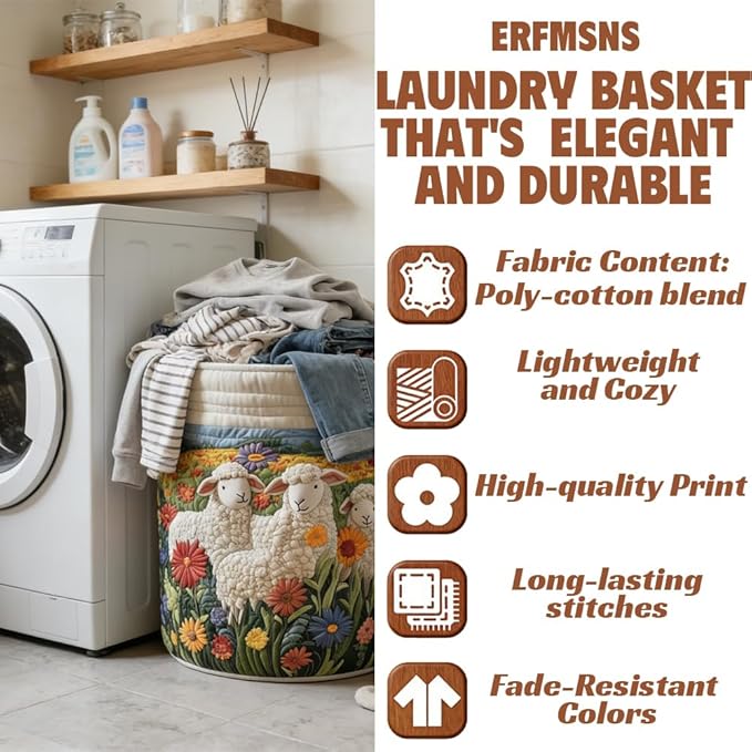 Quilted Laundry Basket with Handles, Boho Floral Fabric Storage Hamper - Image 2