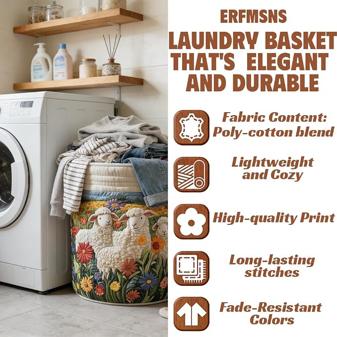 Quilted Laundry Basket with Handles, Boho Floral Fabric Storage Hamper - Image 2