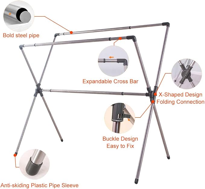 BAOYOUNI Double Poles Folding Clothes Drying Rack Stainless Steel Expandable - Image 7