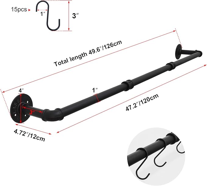 TLBTEK 50 inch Black Pipe Pot Bar Rack Wall Mounted Detachable Pans Hanging - Image 2