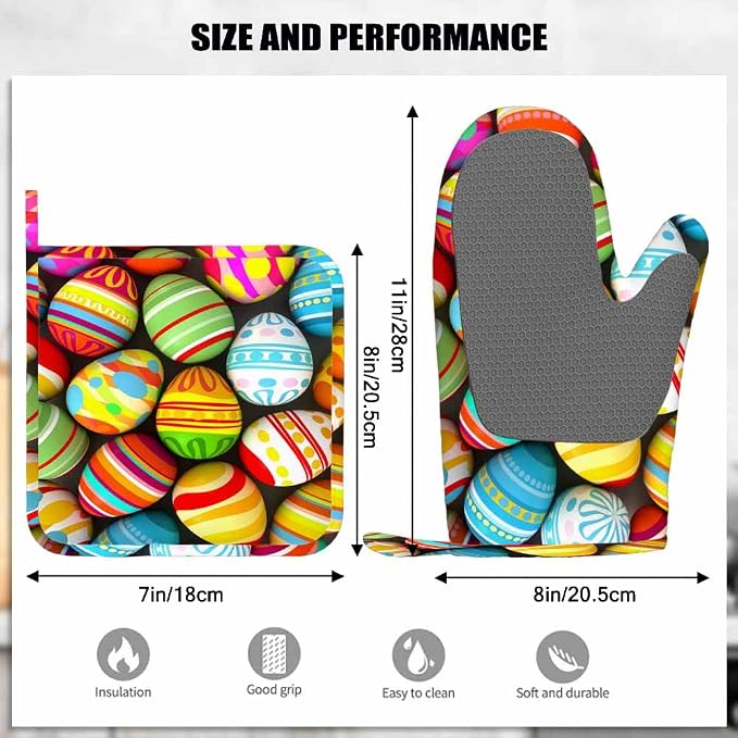 Mxocom Easter Eggs Heat-Resistant Oven Mitts and Pot Holder Painted Egg Stripes - Image 3