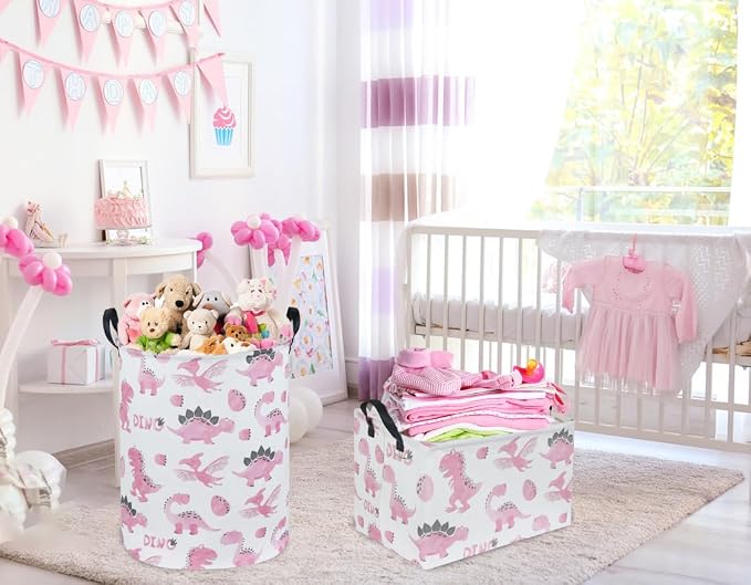 Pink Dinosaur Hamper, Kids Laundry Basket, Dinosaur Basket, Toy Organizer - Image 2