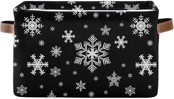 Winter Snowflake Black Storage Basket Fabric Kitchen Baskets Christmas Holiday by Wamika