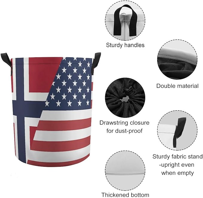 U.S. Norway Flag Round Laundry Bag Collapsible Storage Hamper Basket - Image 4