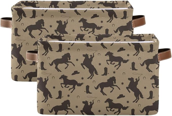Pfrewn Storage Basket Bins Foldable Laundry Hamper Toy Wild West Cowboy Horses - Image 2