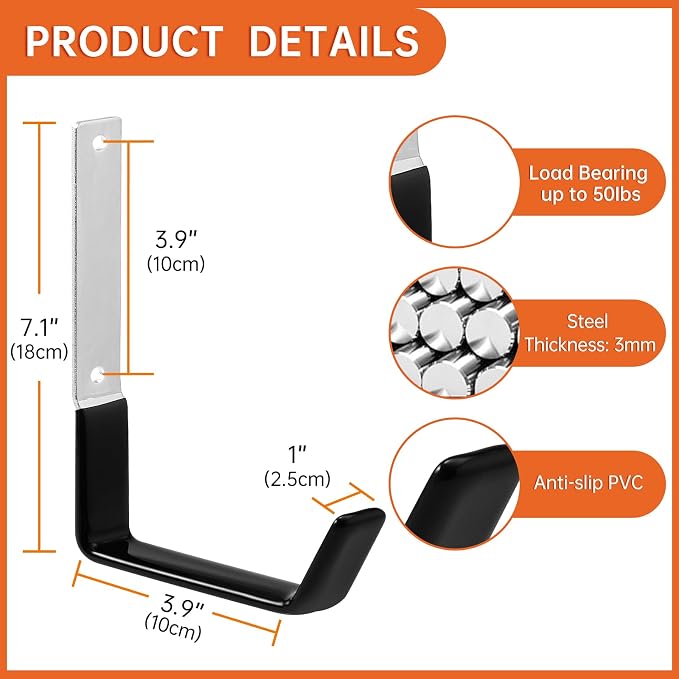 Heavy Duty Steel Utility Hooks, 4 Pack, Wall Mount, 50lbs Weight Capacity - Image 2
