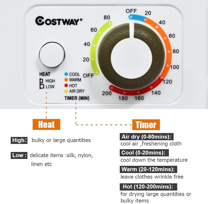 COSTWAY Compact Laundry Dryer, 110V Electric Portable Clothes Dryer - Image 3