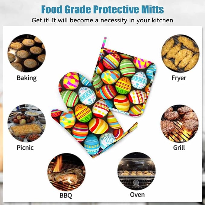 Mxocom Easter Eggs Heat-Resistant Oven Mitts and Pot Holder Painted Egg Stripes - Image 7