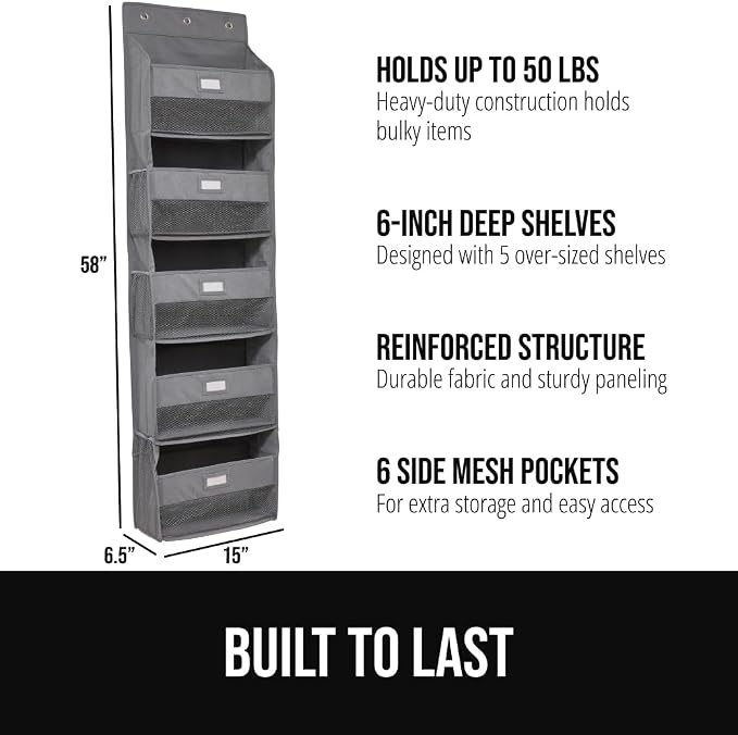 GORILLA GRIP Over The Door Organizer Storage, 5 Deep Hanging Shelves, Holds - Image 2