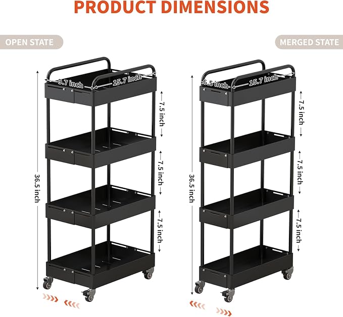 HOTEAGLE 4-Tier Rolling Cart Metal Expandable Utility Carts - Image 7
