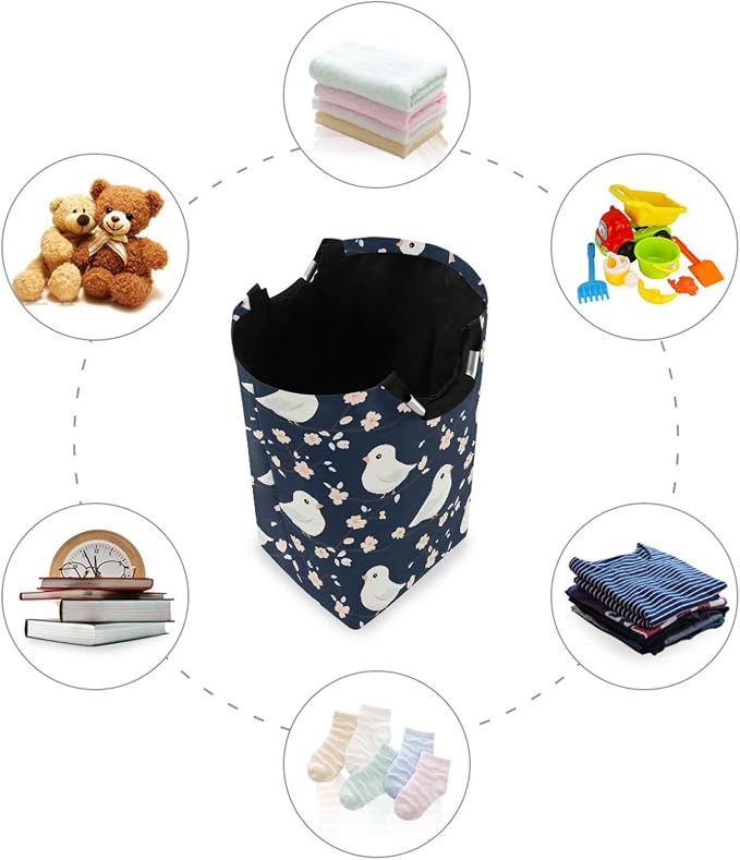 Cartoon kawaii-style Bird Navy Blue laundry baskets, foldable and waterproof - Image 4