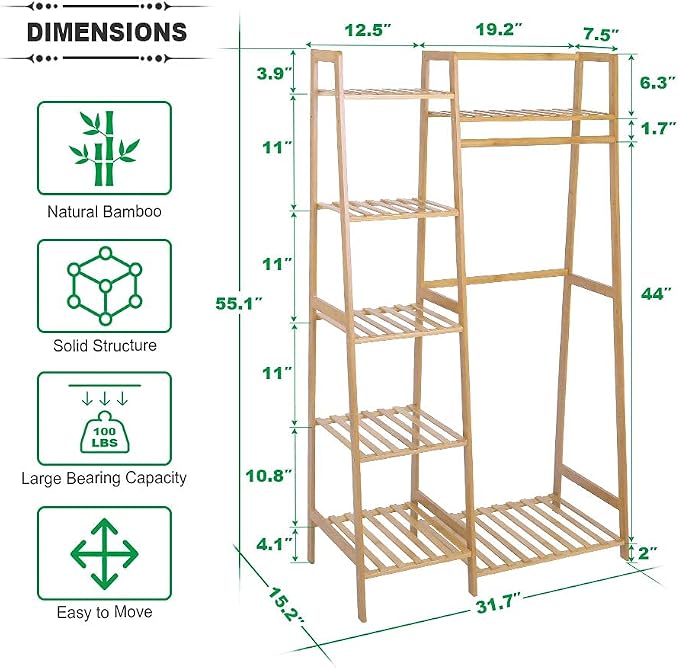Ufine Bamboo Garment Rack 7-Tier Storage Shelves Clothes Hanging Rack, Heavy - Image 5