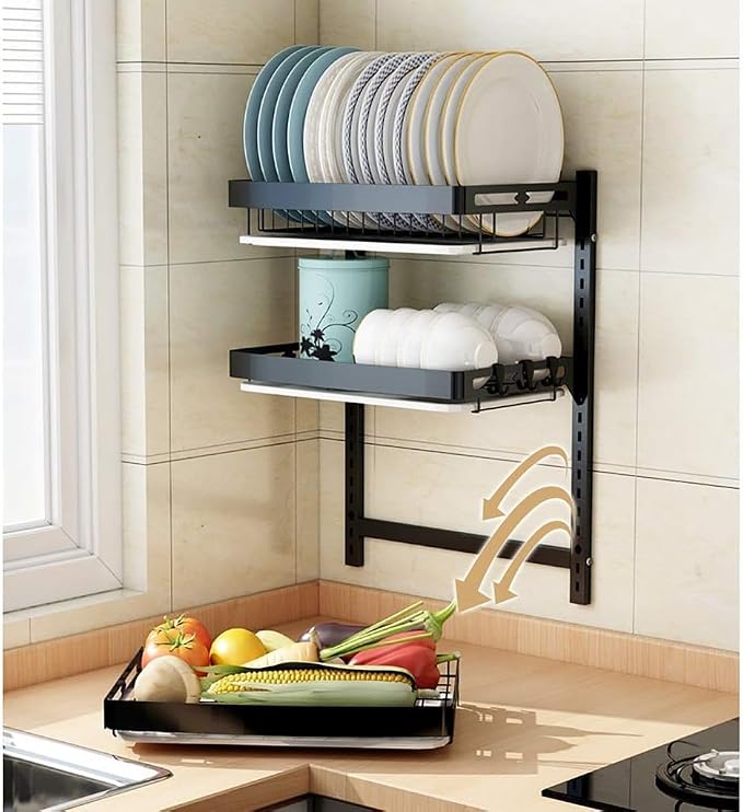 3 Tier Black 201 Stainless Steel Kitchen Wall-Mounted Dish Drying Rack Drain - Image 4