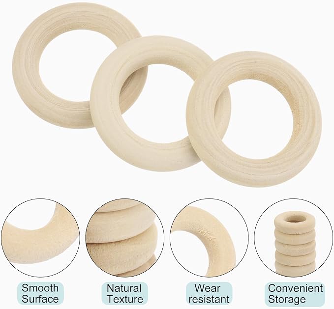 MECCANIXITY 50pcs 1.2" Unfinished Wooden Rings Smooth Natural Wood Macrame Rings - Image 3