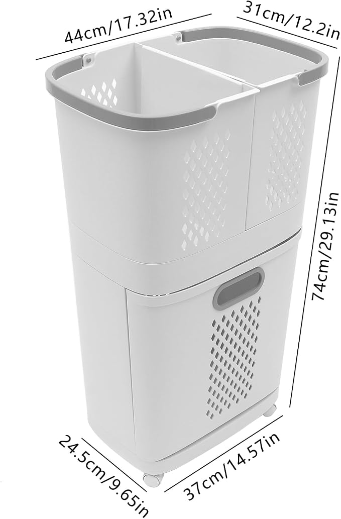 2-Tier Rolling Laundry Basket, Space-Saving Removable Clothes Hamper Organizer - Image 2