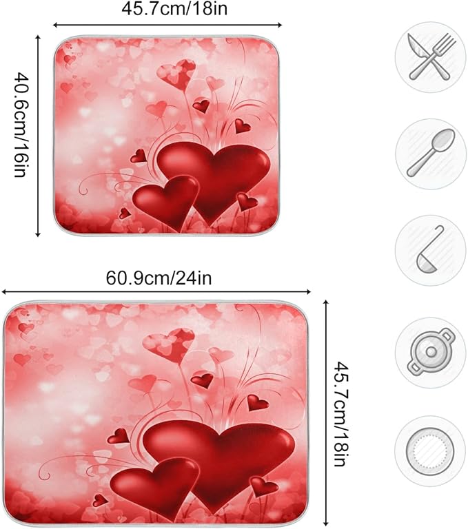 Valentines Red Hearts Dish Drying Mat Absorbent Washable Protector Drying Pad - Image 3