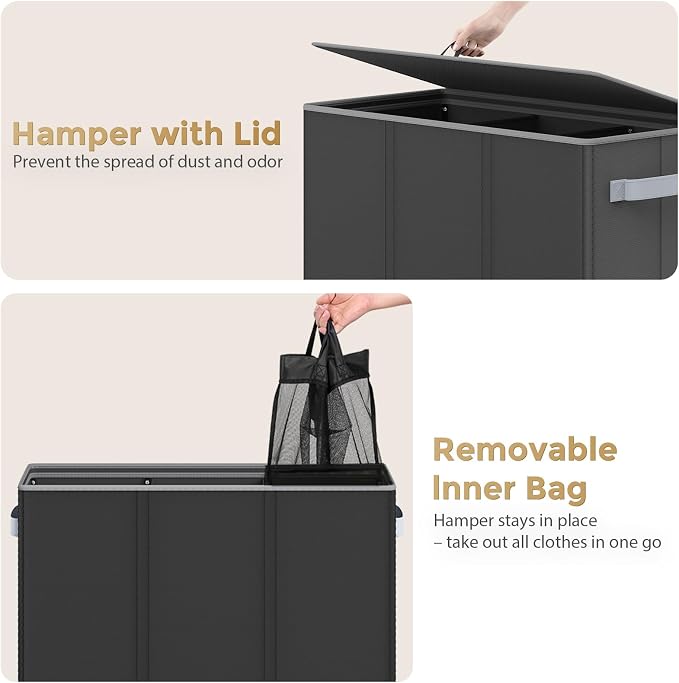 180L Laundry Hamper 3 Section, Large Laundry Hamper - Image 4