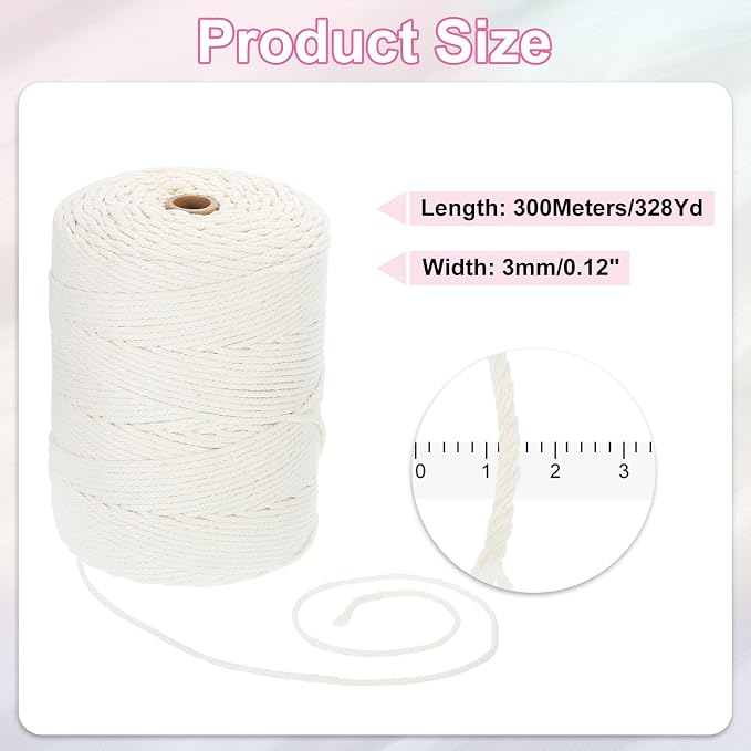 HARFINGTON Natural Macrame Cord 3mm x 328 Yards 4 Strand Twisted Cotton Macrame - Image 2
