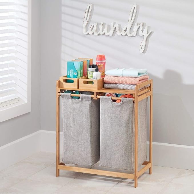 mDesign Freestanding Bamboo 2 Section Double Laundry Organizer Hamper - Image 7