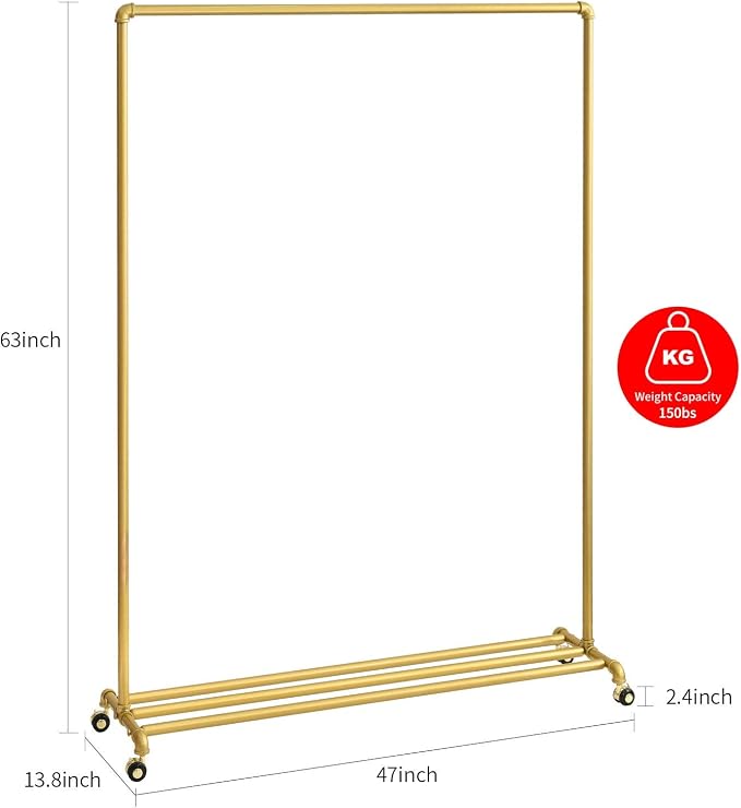 BOSURU Rolling Gold Clothing Racks on Wheels, Retail Display Industrial Pipe - Image 4