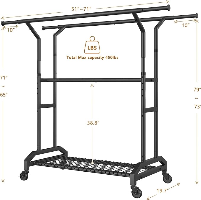 Heavy Duty Clothes Rack Rolling Clothes Rack 3 Rods Clothing Rack 450lbs - Image 2