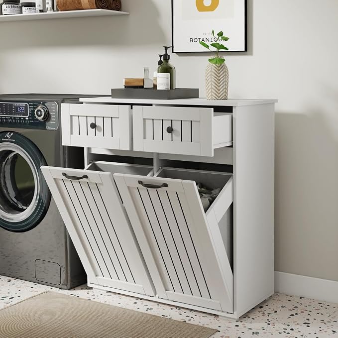 White Laundry Cabinet with 2 Removable Laundry Baskets & 2 Drawers – Laundry by Unknown
