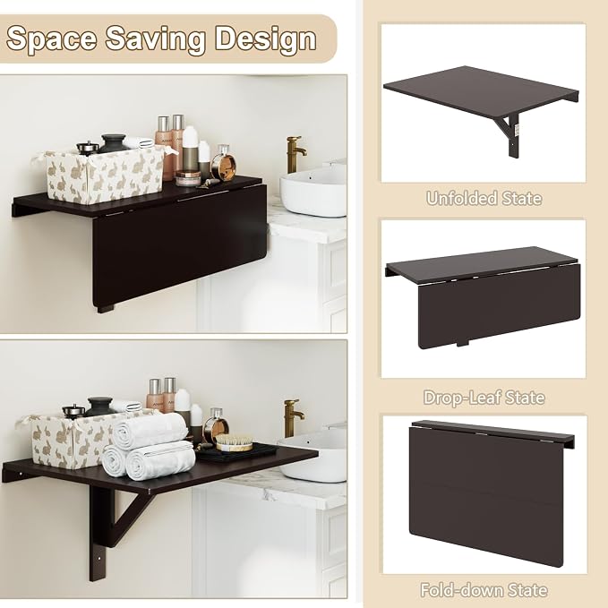 Wall Mounted Folding Desk, Fold Down Drop Leaf Table, Wood Laundry Floating Desk - Image 5