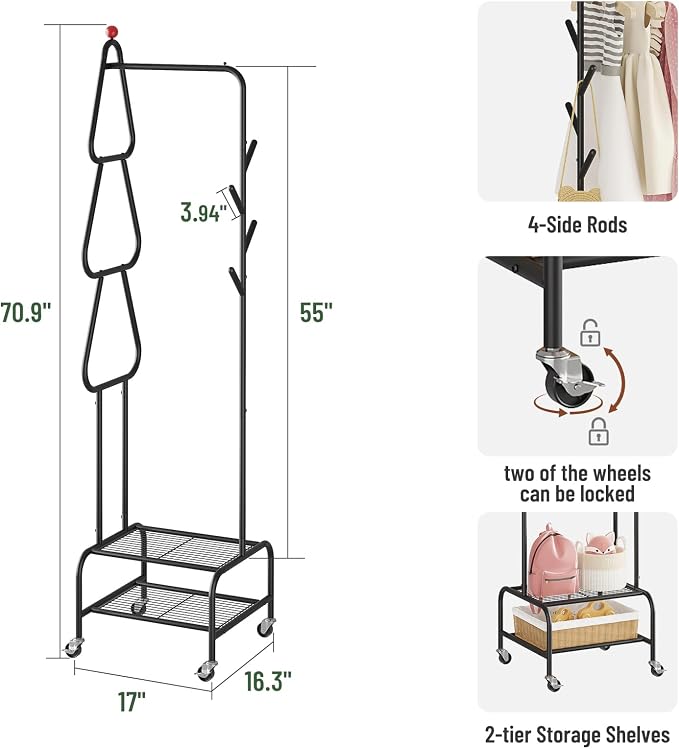 Rolling Garment Rack with Double Shelves, Coat Rack with Wheels - Image 4