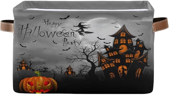 Halloween Spooky Witch Castle Storage Basket Fabric Kitchen Baskets Black Bat by Wamika