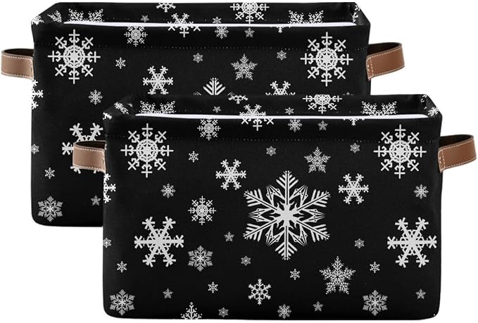 Winter Snowflake Black Storage Basket Fabric Kitchen Baskets Christmas Holiday - Image 2