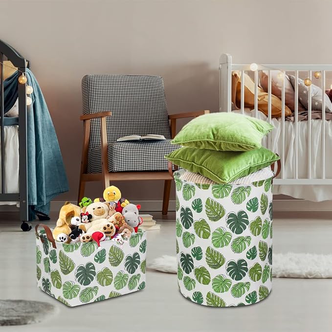 Round Green Laundry Hamper, Jungle Themed Nursery Decor, Tropical Pattern Basket - Image 5