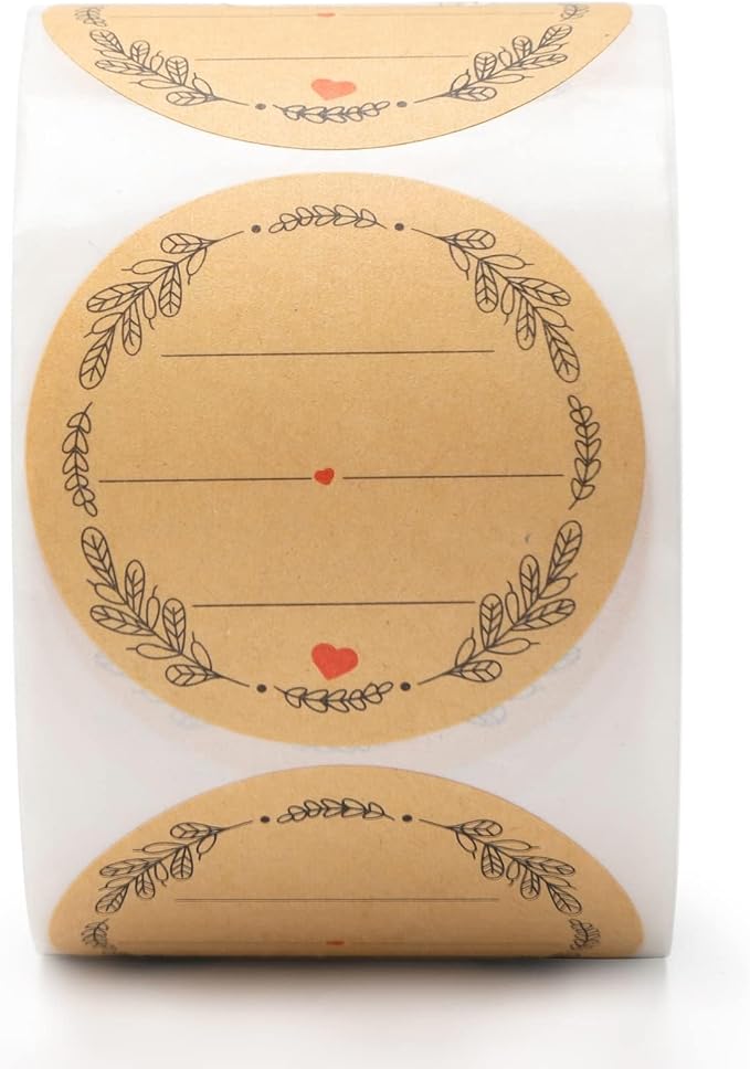 2'' Wreath Design with 3 Lines for Writing, Natural Brown Kraft Stickers for by Aomaxet