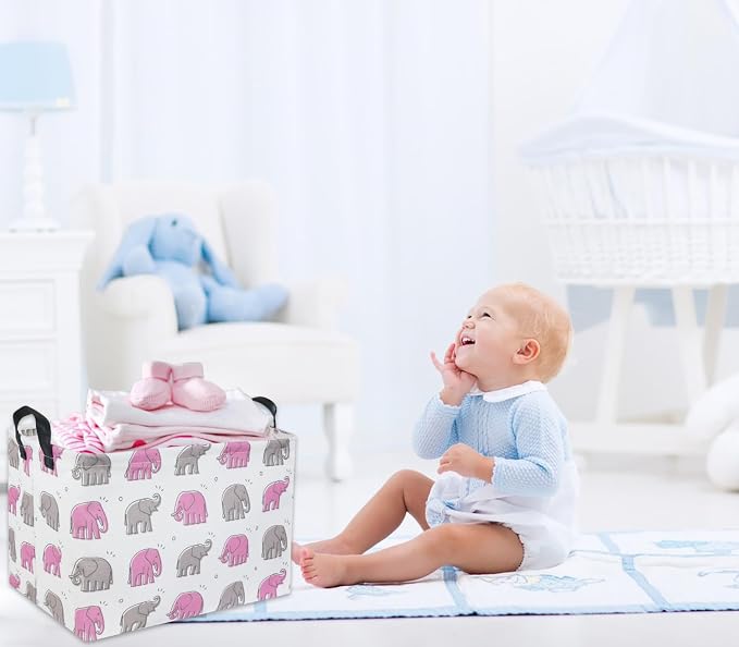 Elephant Baby Storage Bin Pink Elephant Decor - Image 4
