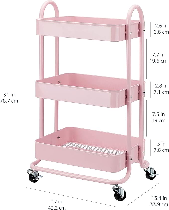 Amazon Basics 3-Tier Rolling Utility or Kitchen Cart, Lockable Wheels, Metal - Image 5