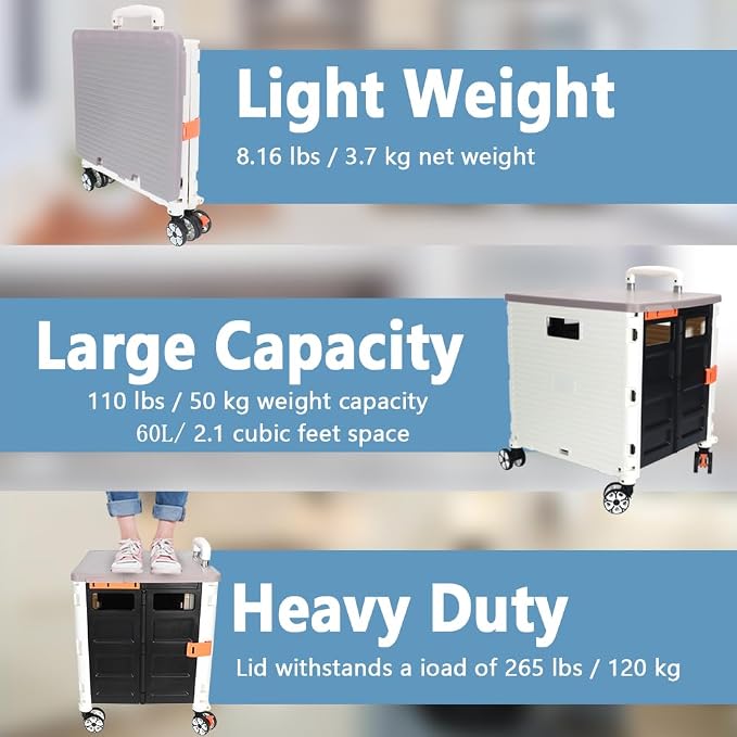 FELICON SELORSS Foldable Utility Cart Folding Portable Rolling Crate Handcart - Image 3