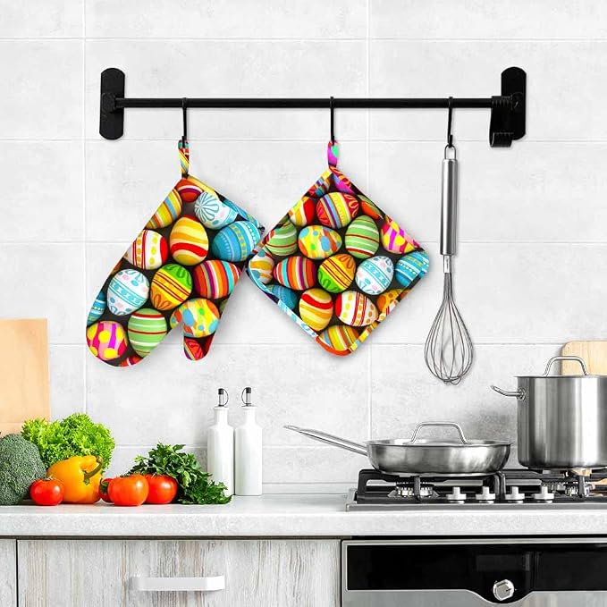 Mxocom Easter Eggs Heat-Resistant Oven Mitts and Pot Holder Painted Egg Stripes - Image 4