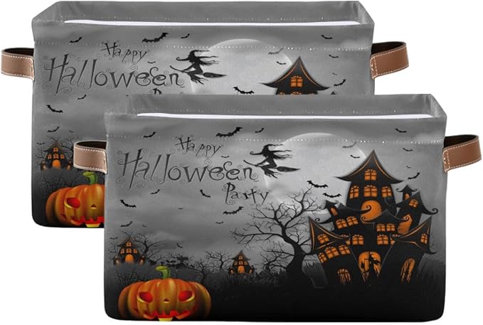 Halloween Spooky Witch Castle Storage Basket Fabric Kitchen Baskets Black Bat - Image 2